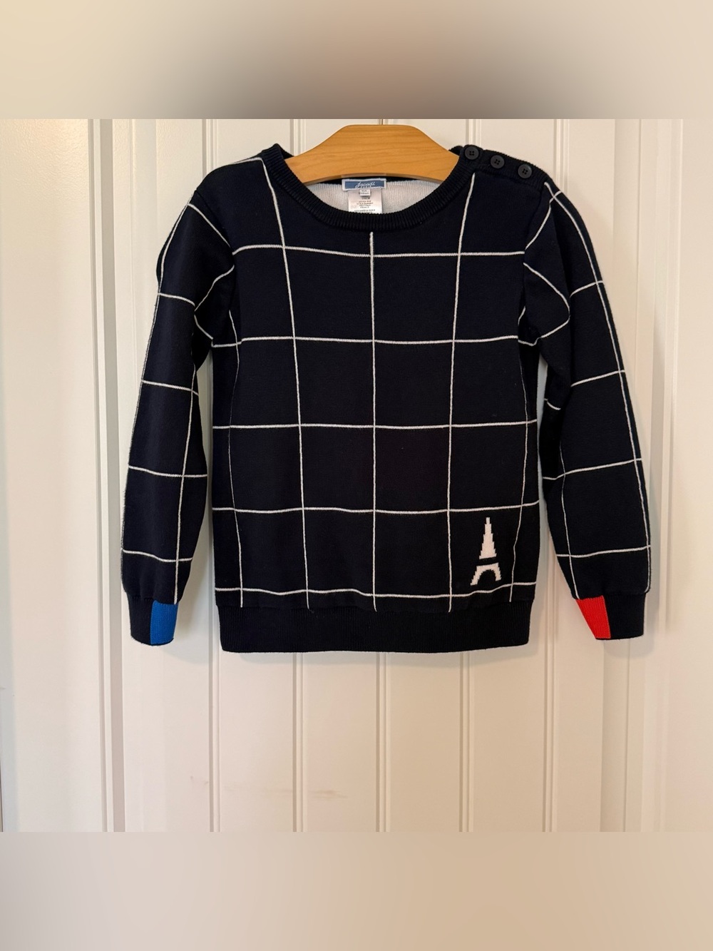 Jacadi Paris Boys Sweater Size 6A Navy Blue Windowpane Grid Eiffel Tower